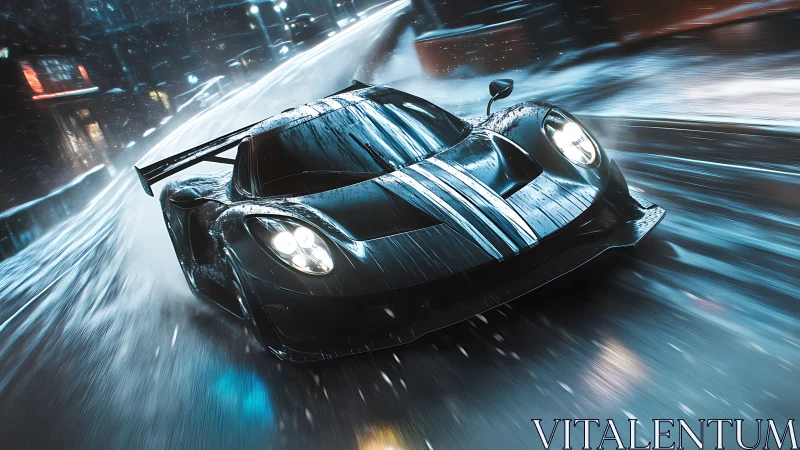 Midnight supercar slicing through neon-lit winter rain.