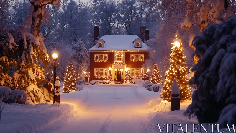 Snowy winter home glows with cozy golden holiday lights
