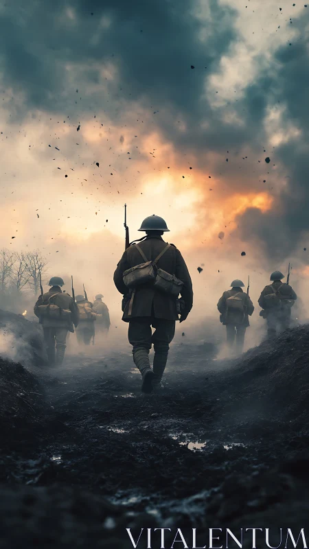 Soldiers advance through muddy trench under explosive sky