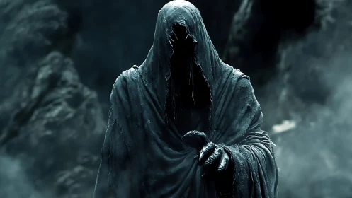 Hooded wraith in tattered cloak stands in dark rocky mist.