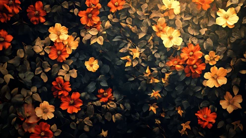 Autumn's Luminous Garden Dance on Shadowed Canvas.