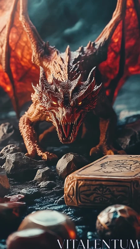 Winged reptilian creature stands over engraved stone object