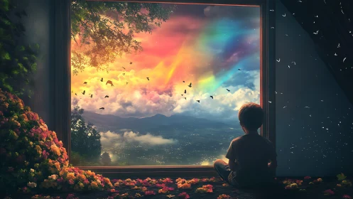 Child observes multicolored sky through large attic window
