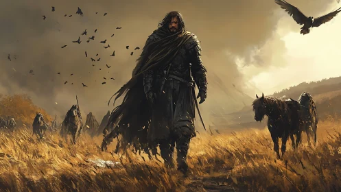Solitary cloaked ranger strides through wind-swept golden steppe