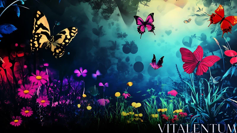 Multicolored butterflies over stylized meadow at dusk.