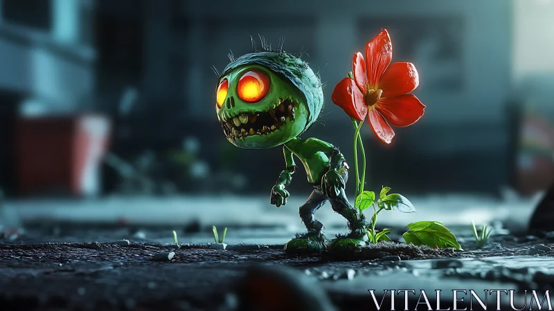 Glowing eyed plant zombie guards vivid red city flower.