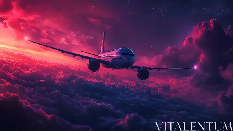 Widebody jetliner traversing magenta storm-tinted cloud deck.