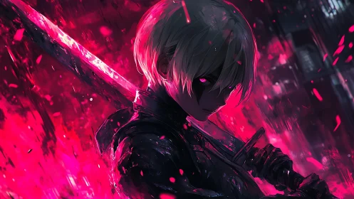 White haired swordsman in neon red stormed alley at night.