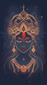 Ornate stylized female figure with crown and jewelry.