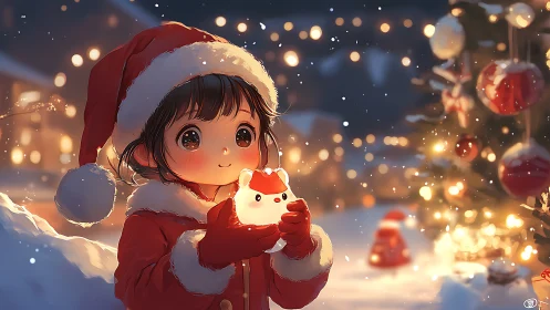 Cozy child in Santa suit cradles glowing winter fox light.