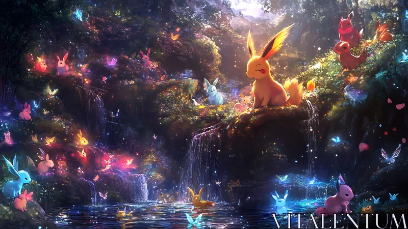 Multiple luminous creatures occupy tiered forest waterfalls