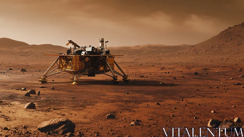 Photorealistic Mars lander on rocky regolith plain at dusk.