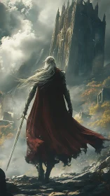 Armored figure with sword before towering gothic fortress.