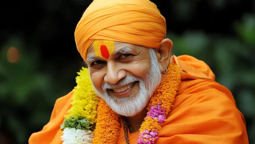 Golden robed elder sharing a bright, knowing smile.