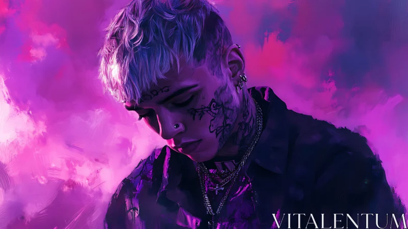 Neon magenta portrait of tattooed youth in contemplative profile