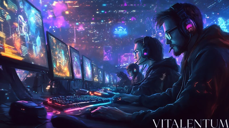 Cyber esports team locked in neon-soaked gaming marathon.