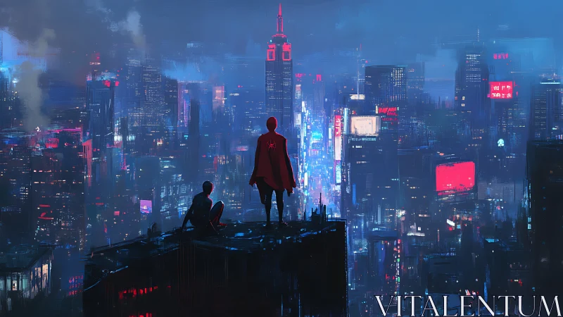 Cyberpunk skyline vigil with twin heroes on neon drenched ledge.