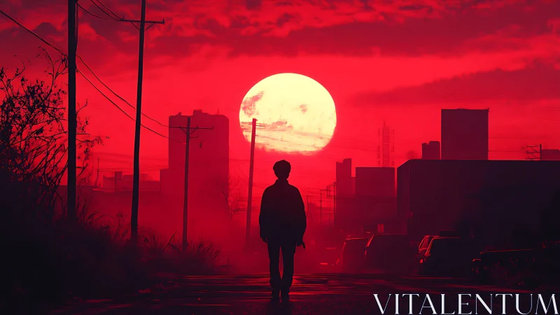 Silhouetted figure under red urban sunset skyscape.