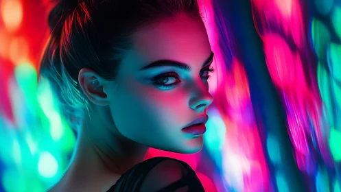 Neon-lit woman gazes back with electric, futuristic poise