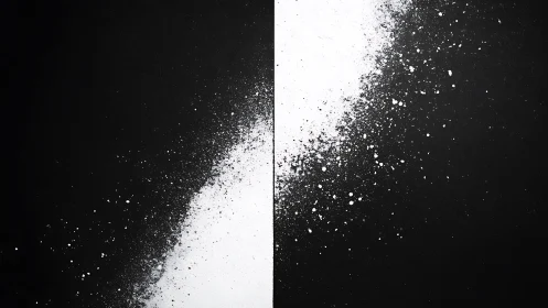 Monochrome vertical split with dispersed paint particles.