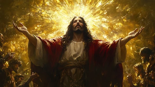 Central robed figure under radiant golden light burst.