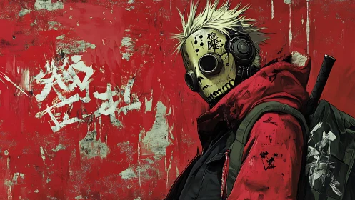 Masked urban wanderer stands before distressed red wall