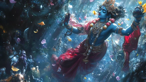 Divine blue deity drifting through luminous cosmic waters.