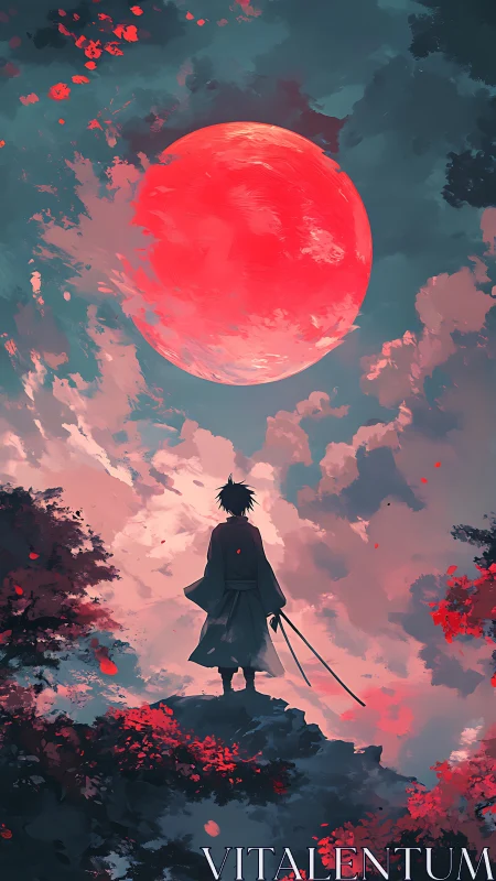 Samurai silhouette under chromatic red lunar overcast sky.