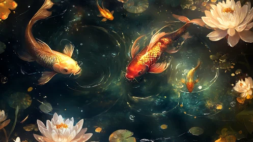 Digital koi fish composition depicts pond surface in motion