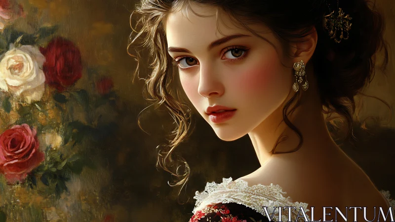 Victorian portrait with romantic roses and luminous gaze.