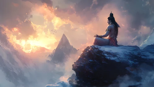 Meditative deity on icy summit under volumetric sunrise clouds
