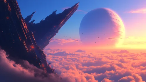 Distant gas giant over stratified clouds and dark structure.