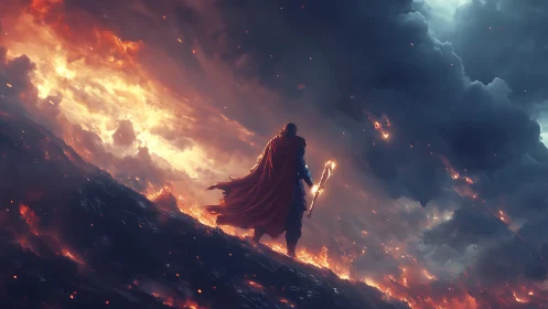 Stormlit mage strides through fire toward a glowing horizon