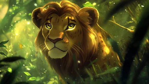 Lion in soft green jungle light with gentle expression.