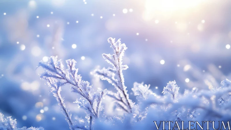 Macro winter frost on meadow branches in soft sunrise bokeh