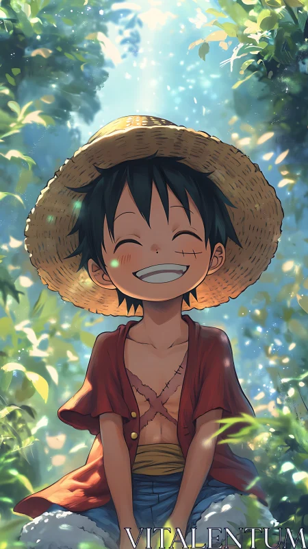 Smiling boy with straw hat sits under glowing forest light