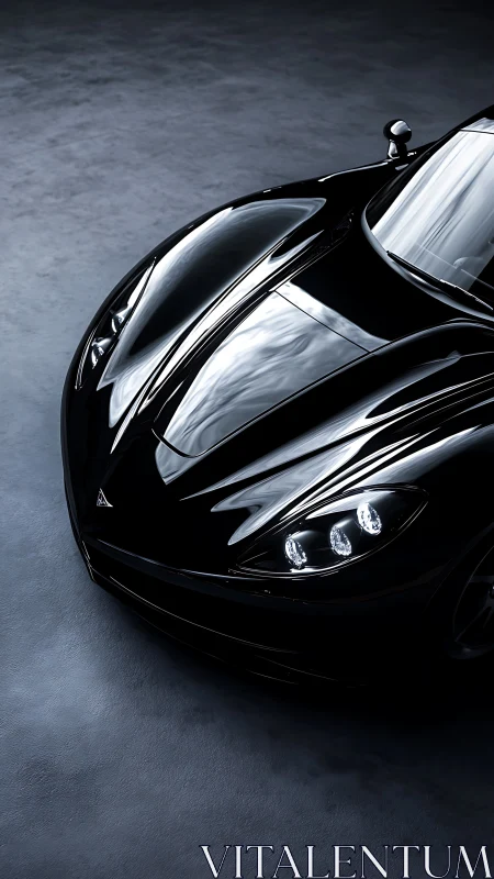 Black sports car front detail under soft studio lighting.