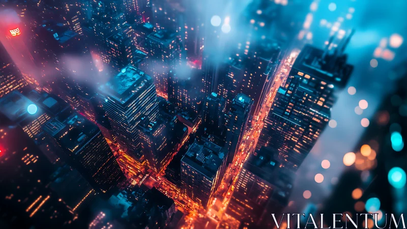 Neon-lit aerial metropolis corridor in cinematic dusk fog.