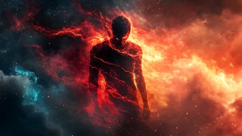 Celestial fire silhouette emerging through cosmic storm.