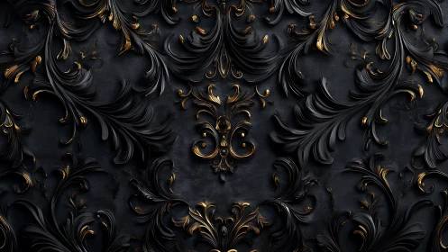 Baroque black scrollwork relief glows with molten gold highlights
