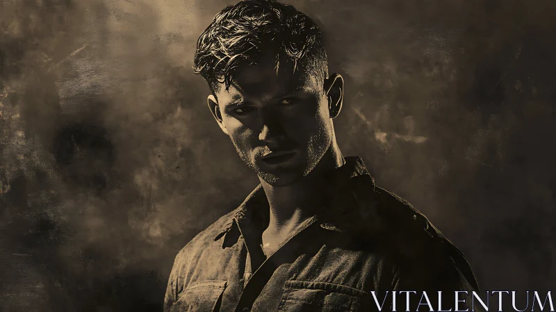 Moody portrait of a thoughtful man in warm golden shadow.