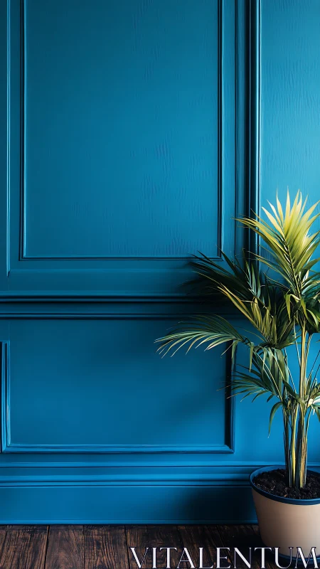 Lush potted palm rests calmly against rich teal paneled wall