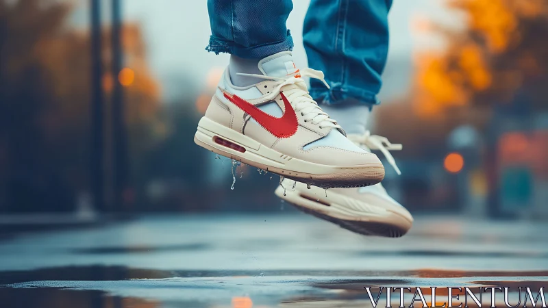 Retro sneakers hover over wet street in colorful dusk glow.