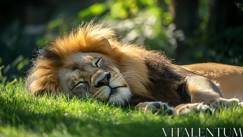 Male lion resting on sunlit grass in natural setting.