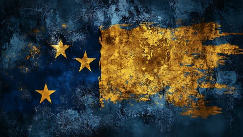 Distressed blue flag with bold golden stars and brushstroke.