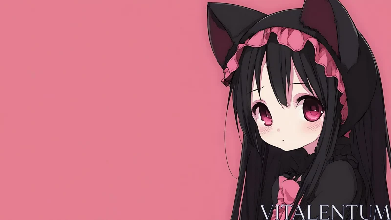 Melancholic anime catgirl portrait on solid pink backdrop