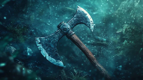 Dual-bladed battle axe in atmospheric forest ground scene.