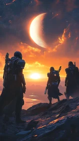 Guardians of the glowing horizon under a distant crescent.