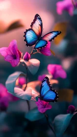 Chromatic blue butterflies on magenta blossoms, bokeh field.