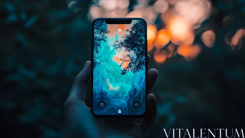 Smartphone screen mirrors vivid teal nebula at dusk.